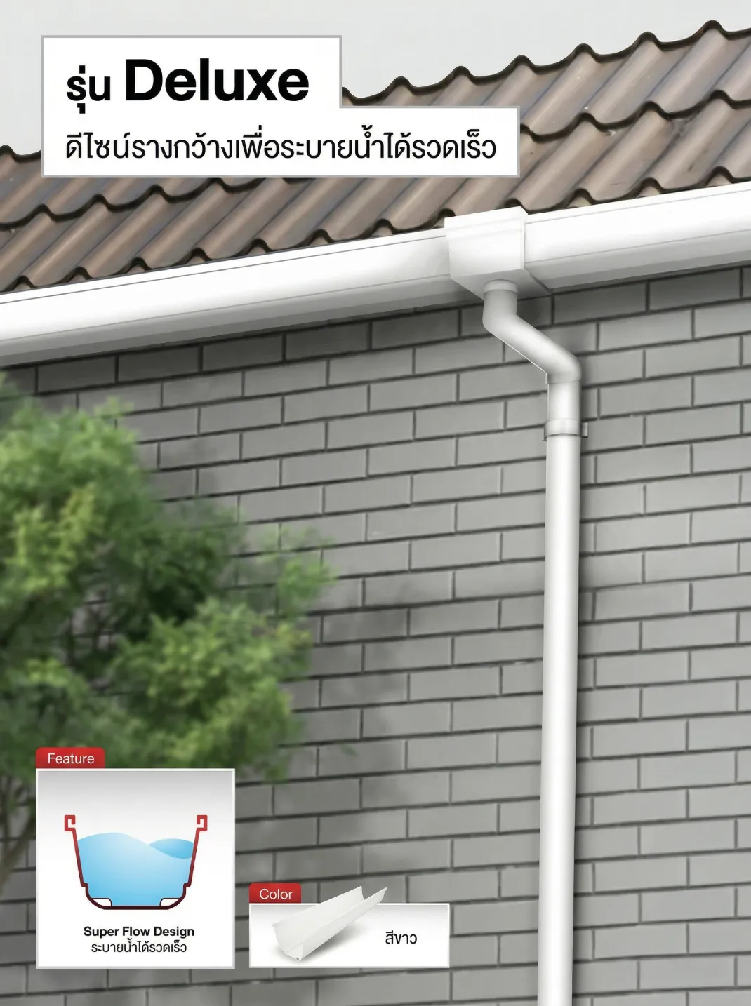 close up detail of white modern vinyl rain gutter