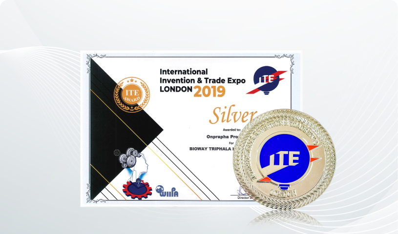 International Invention & Trade Expo London 2019 เหรียญเงิน เครื่องดื่มสมุนไพรชีววิถี ตรีผลา