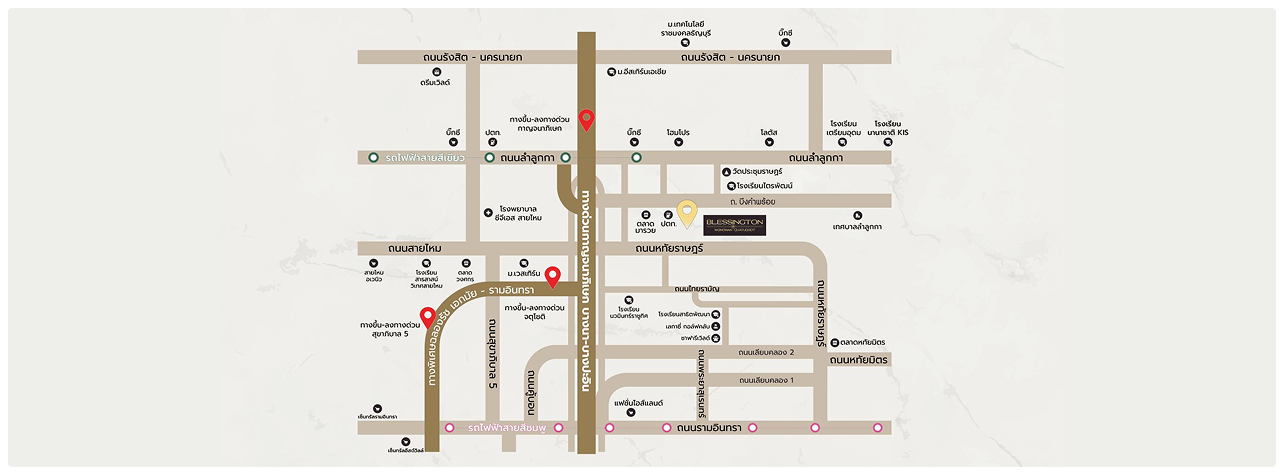 แผนที่ Graphic แสดงถนนหลักและตำแหน่งโครงการ Blessington Wongwan-Chatuchot