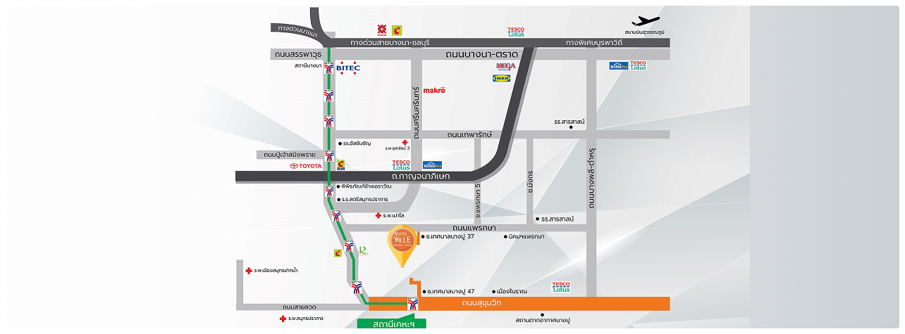 แผนที่ Graphic แสดงถนนหลักและตำแหน่งโครงการ Blessington Wongwan-Chatuchot