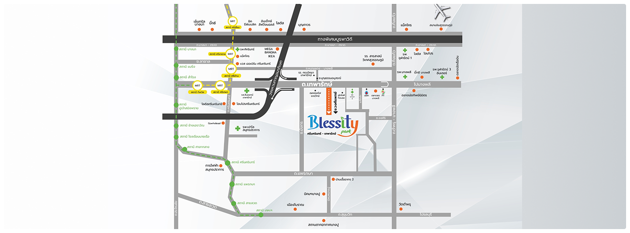 แผนที่ Graphic แสดงถนนหลักและตำแหน่งโครงการ Blessington Wongwan-Chatuchot