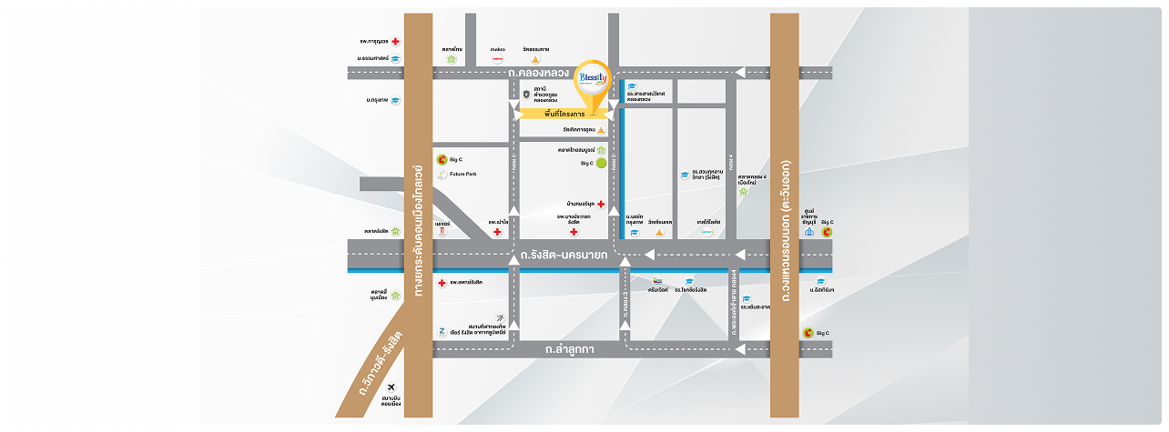 แผนที่ Graphic แสดงถนนหลักและตำแหน่งโครงการ Blessington Wongwan-Chatuchot