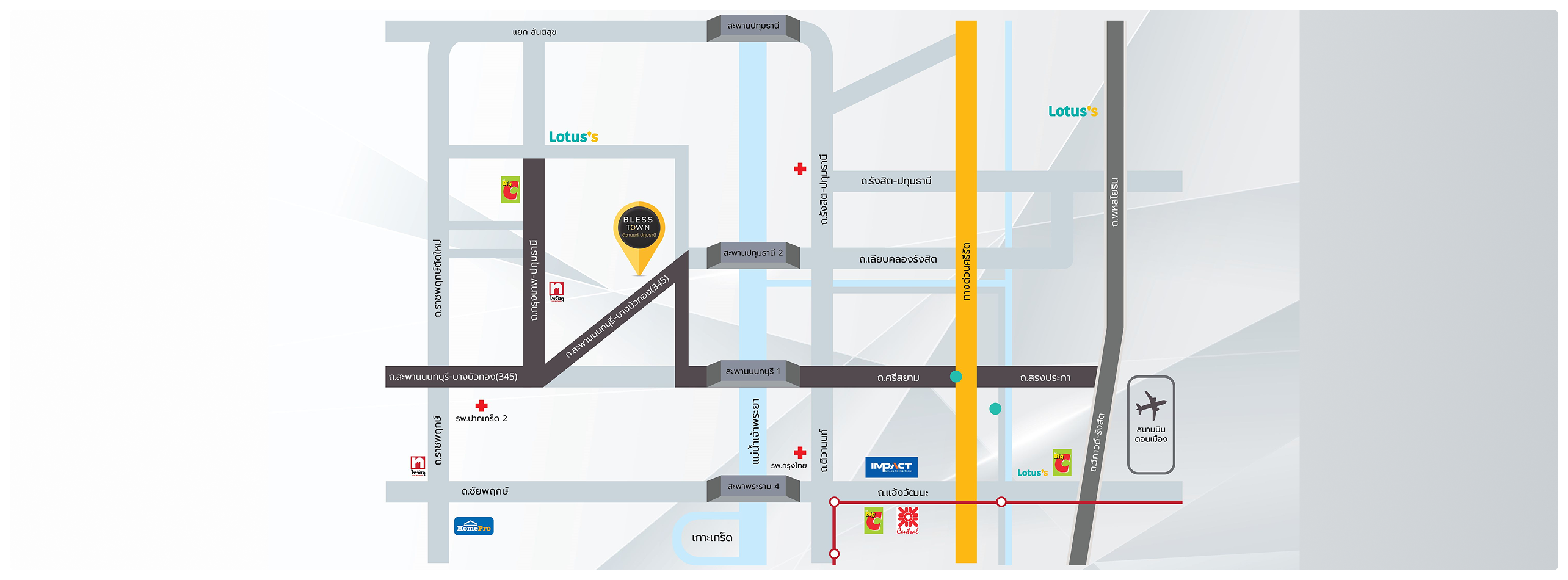 แผนที่ Graphic แสดงถนนหลักและตำแหน่งโครงการ Blessington Wongwan-Chatuchot
